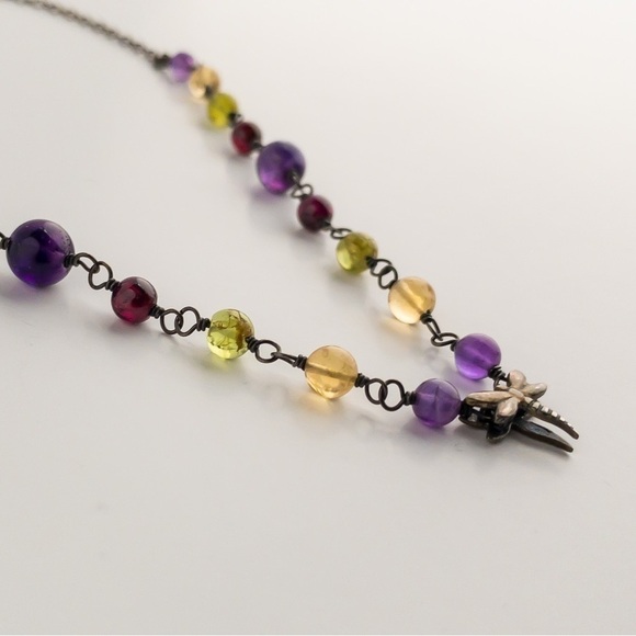 Sterling Silver Necklace Multicoloured Gemstones Dragonfly Charm Pendant Vintage - Picture 3 of 12